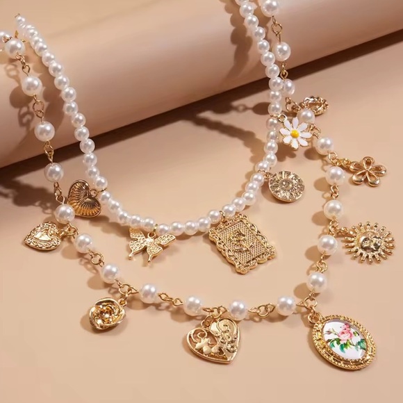 Women 2x Gold and Pearl Charm Necklace - Picture 6 of 12